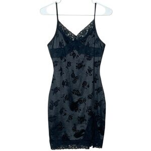 Cider black satin floral velvet flocked mini slip dress size S (4)